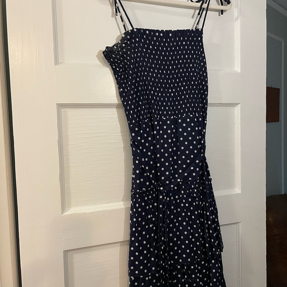 Tory Burch Blue Sundress with Spaghetti Straps and Polka Dots